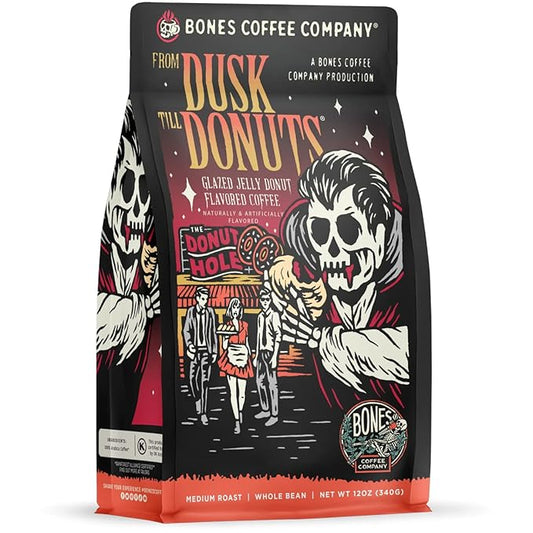Bones Coffee Company From Dusk Till Donuts Jelly Donuts Flavored Coffee, Medium Roast Low Acid Arabica Beans Compatible with Auto drip and French Press Coffee Maker, 12 Oz Whole Bean