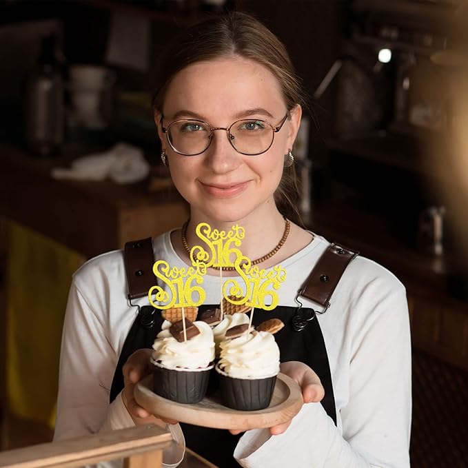 Gyufise 24 Pack 16th Birthday Cupcake Toppers Glitter Sixteen Happy Sweet 16 Cupcake Picks Cheers to 16 Years Old Cupcake Decorations for 16th Birthday Anniversary Party Supplies Multi Gold