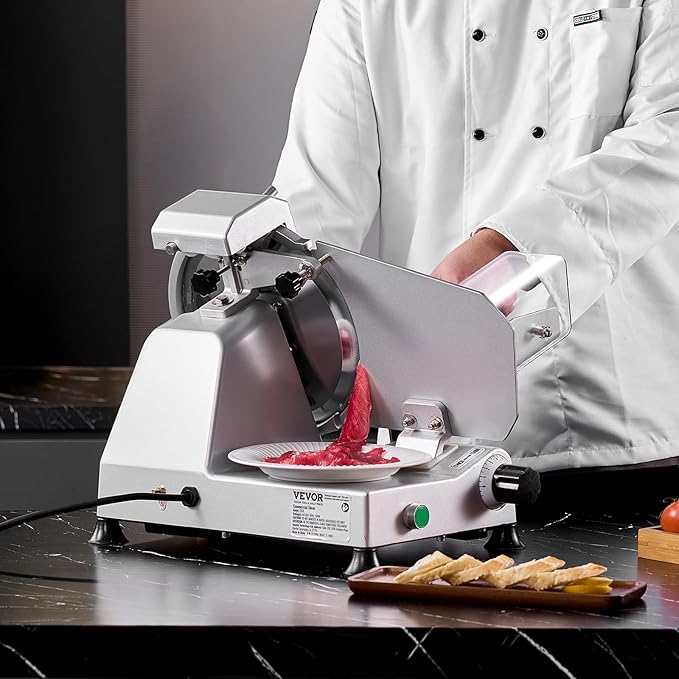 VEVOR Commercial Meat Slicer, 10 inch Electric Deli Food Slicer, 180W Meat Cutter with a Premium 65Mn Blade, 0-0.4 inch Adjustable Thickness, Food Slicer Machine for Meat Vegetables Hard Bread Cheese