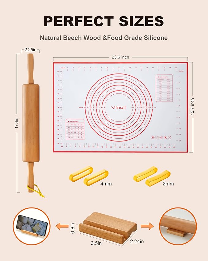 Classic Wood Rolling Pin, 17" Rolling Pins for Baking with Silicone Mat and Adjustable Thickness Rings, Pasta Roller with Wood Base, Fondant Roller for Pie Crust, Cookies, Pizza Dough and Bread
