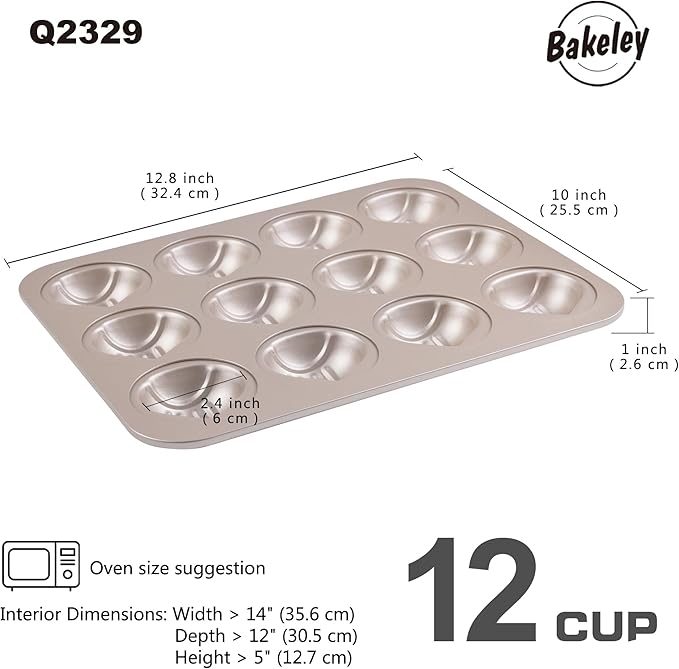 Muffin Cake Pan, Non-Stick 12-Cavity Chestnut-Shaped Bakeware for Oven Baking (Champagne Gold)