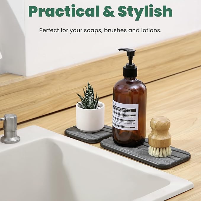 3PCS Water Absorbing Diatomaceous Earth Tray for Sink, Fast Drying Soap & Toothbrush Holders for Bathroom Counter, 1 Stone Tray, 2 Stone Coasters