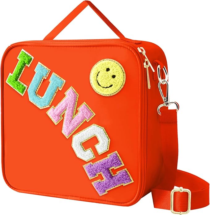 Insulated Lunch Bag With Adjustable Shoulder Strap, Nylon Preppy Lunch Box Large Insulated Lunch Bag Reusable Lunch Tote Bag with Smiley Preppy LunchBag for Girls School Travel Picnic (Orange)