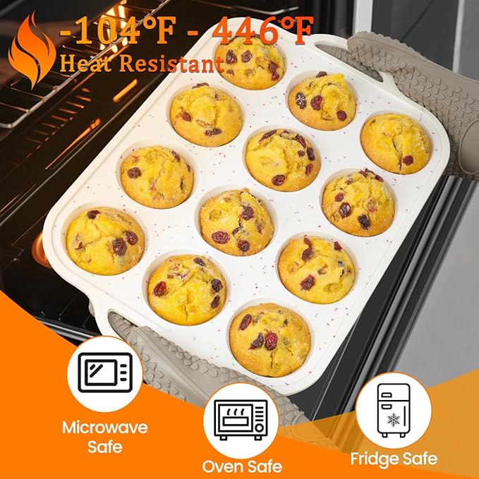 Silicone Muffin Pan, Metal Reinforced Frame Regular Size 2.8 Inch Cupcake Pan with Handle 12 Cups Nonstick Muffin Tray for Baking BPA Free 1 Pack Confetti