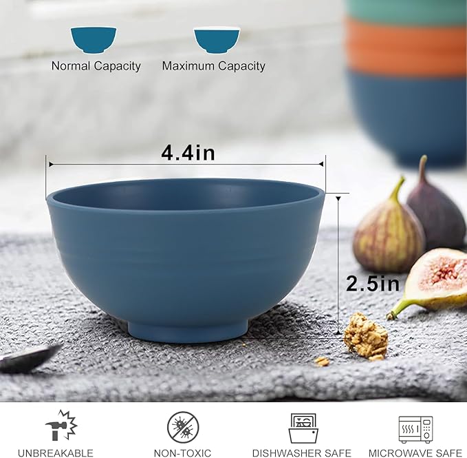 wheat straw dessert bowls 10oz set of 8 - Unbreakable snack Bowls Dishwasher Safe - Handy Bowls for Ice Cream,Yogurt and Fruits. Blue