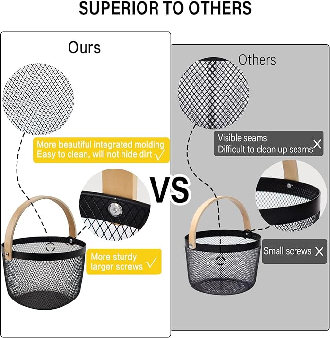 Metal Mesh Steel Basket, Garden Harvest Basket for Gathering Vegetables Round Wire Basket with Handle Storage Organizer Multi-functional Hanging Fruit Basket for Kitchen Bathroom Picnic