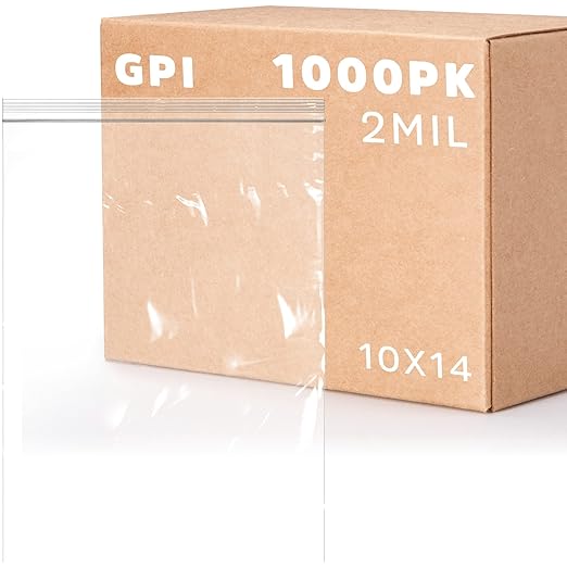 GPI - 10" x 14", Case of 1000, Clear Plastic Reclosable Zip Bags, 2 Mil Thick, Zip Poly Bags with Resealable Lock Seal Zipper For Food, Apparel, Shirts, Household, School & Office Supplies