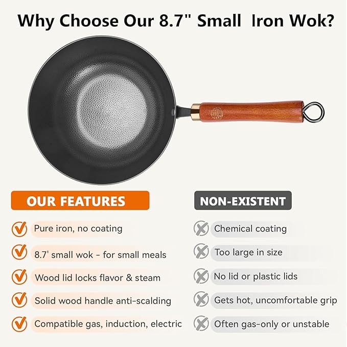 WANGYUANJI Iron Wok 8.7 Inch Deep Frying Skillet with Wooden Lid – Versatile Flat Bottom Stir-Fry Pan, Chemical-Free & Induction Compatible, Ideal Wrought Iron Small Wok for Home, Chef & Pro Use