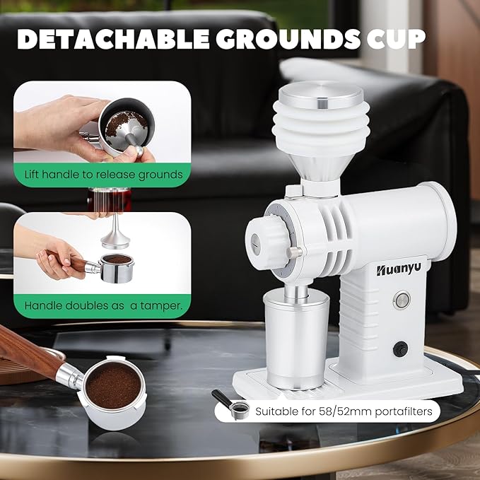 Huanyu Espresso Grinder with Titanium Flat Burr Electric Coffee Grinder with Hopper Bellows 10 Precise Grind Setting Coffee Grinders for Home Use White