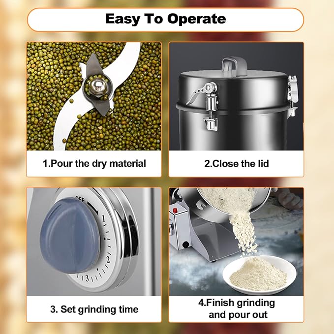 Swing Grain Mill 2500g, Electric Grain Mill, Stainless Steel Mill Grinder 4500W, High-speed Spice Herb Grinder, Commercial Superfine Machine, Dry Cereals Pulverizer 110V