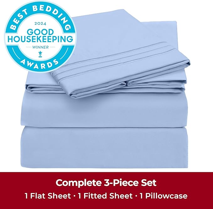 Mellanni Twin XL Sheets Set - 3 PC Iconic Collection Bedding - Hotel Luxury, Extra Soft, Cooling Bed Sheets - Wrinkle, Fade, Stain Resistant (Twin Extra Long, Sky Blue)