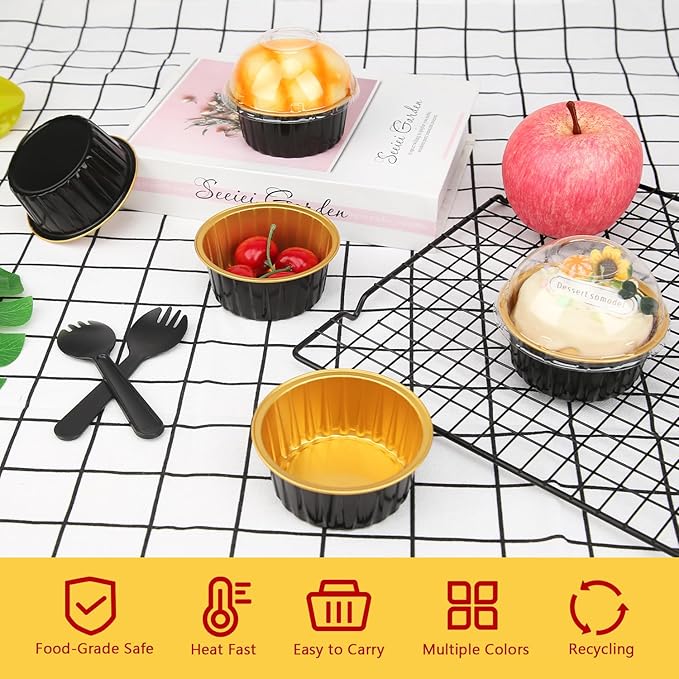 LNYZQUS 5oz Mini Cake Baking Pans with Lids 100 Pack, Disposable Mini Aluminum Cupcake Pan Muffin Cups, Small Cake Baking Cups Muffin Tin Cupcake Liners Containers for Custard Creme Brulee-Black