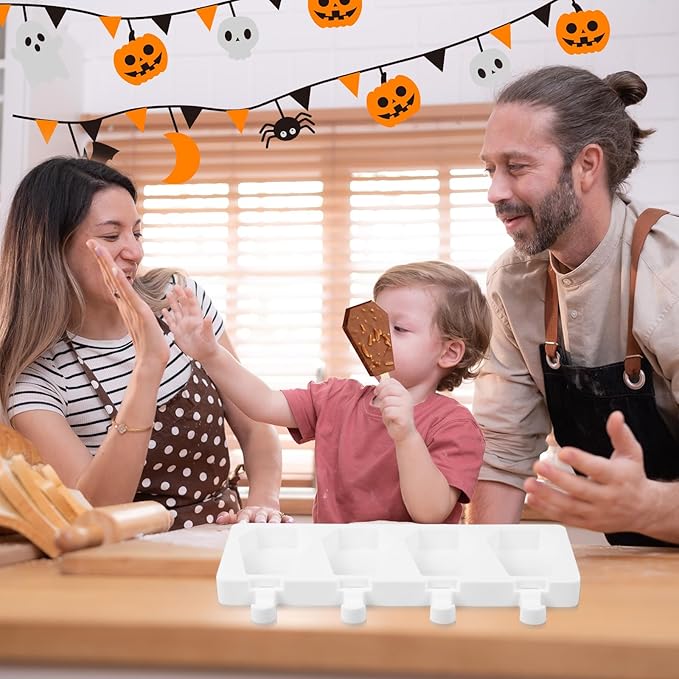 Hushee Halloween Coffin Shaped Mold Large 4 Cavity Reusable Silicone Cakesicle Cake Pop Ice Cream Mold for Halloween Adults Homemade Ice Cream Chocolate Candy DIY Trick Dessert Decorating