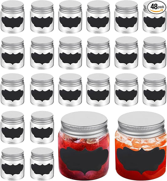 24 Pack 2oz Mini Mason Jars, Mini Mason Glasses Jar with Lids, Mason Jar with Silver Lid and 24 Pcs Labels Round Clear Food Container Spice Jars for Jam, Honey, Wedding Shower Favors