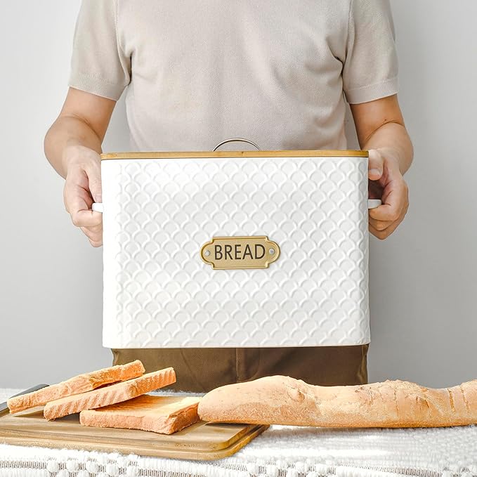 Extra Large Space Saving Farmhouse Bread Box With Wood Lid - Holds 2 Loaves - Vertical Breadbox Bread Storage Bin Holder for Kitchen Countertop, White