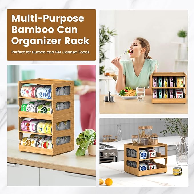 Teamkio Can Organizer for Pantry, Bamboo Pantry Organizer, 2 Tier Stackable Can Storage Rack Ideal for 36 Human and Pet Food Cans(FIFO)