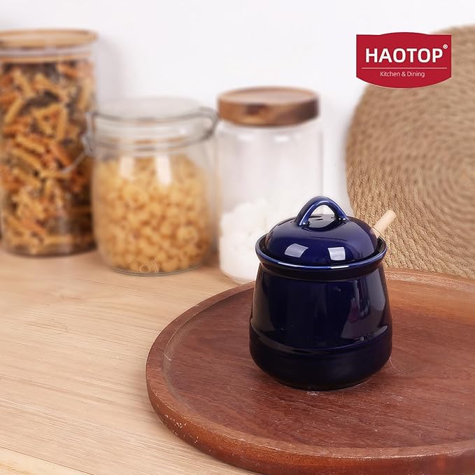 HAOTOP Ceramic Honey pot with Lid and Honey Dipper,Porcelain Honey Jar Easy to Clean and Dishwasher Safe,12oz (Navy)