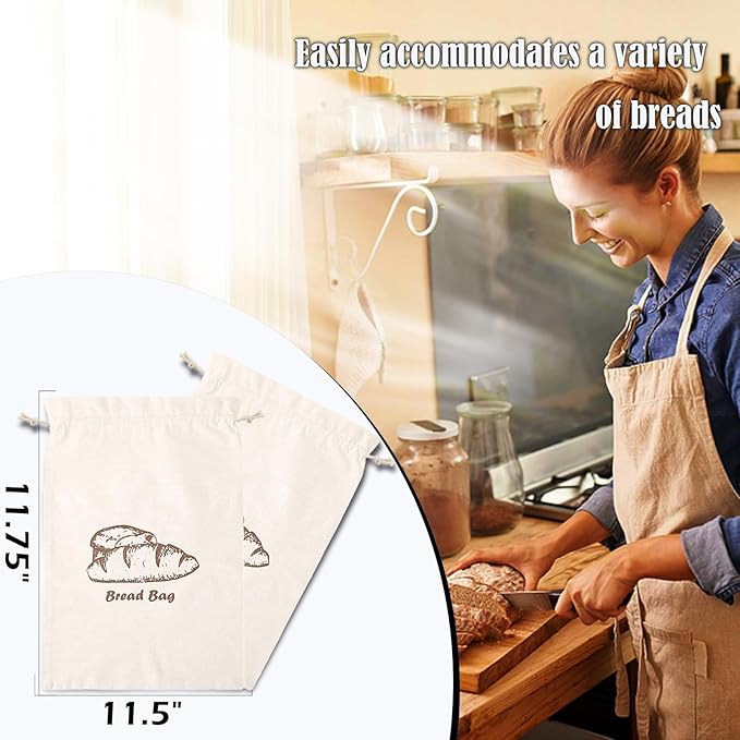 Bread Bag with Inside Lining, 2 Pack Reusable Linen Bread Storage Bags, 11.75" x 11.5" Homemade Bun Container, Double Drawstring Closure for Fruit and Baguette, Artisan Bread Storage