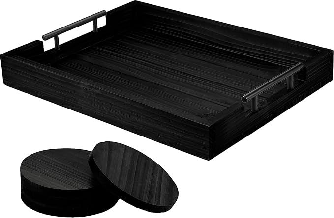 Ottoman Serving Tray | Decorative Coffee Table Tray with Handles – 17x13 Inch Wooden Tray with 4 Coasters for Breakfast, Kitchen & Bar
