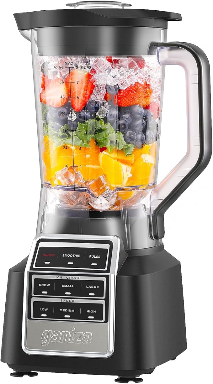Ganiza Professional Smoothie Blender, Blenders for Smoothies with 1800 Peak Watts & 8 Auto Programs for Frozen Fruits & Ice, 64-oz Large Blender for Shakes and Smoothies, Nutritious Recipe
