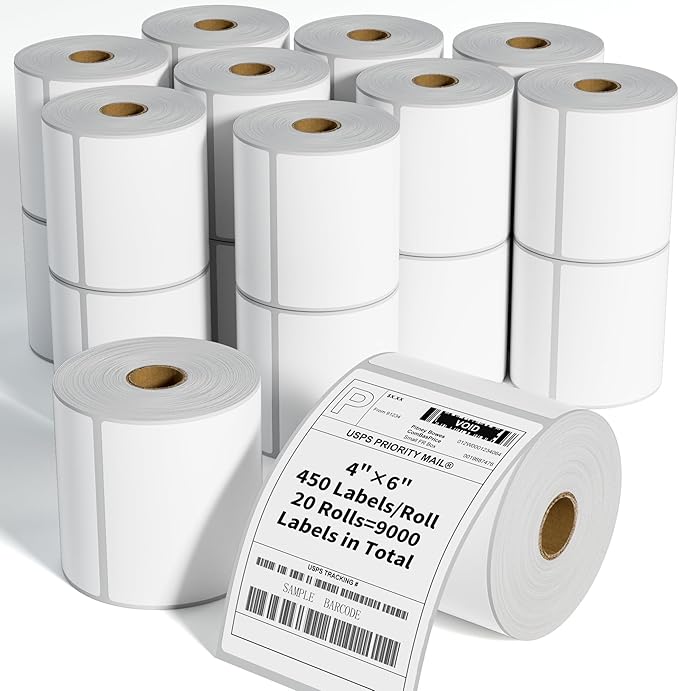 FungLam 4"x6" Direct Thermal Shipping Labels - Compatible with Zebra, Munbyn, Rollo Printers - 450 Labels Per Roll, 20 Rolls