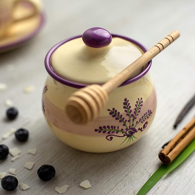 City to Cottage Ceramic Sugar Bowl with Lid, 10oz Sugar Contanier for Coffee Bar, Sugar Dispenser Bowl, Salt - Condiment Pot for Kitchen Counter, Handcrafted Cream Lavender Floral Sugar Jar