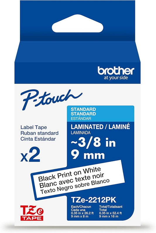 Brother Genuine P-touch TZe 2-Pack Black Print on White Label Tapes (TZe2212PK), Laminated,3/8in x 26.2ft (9mm x 8m) each, for Select P-touch Label Makers, Durable, Water-Resistant, Indoor/Outdoor Use