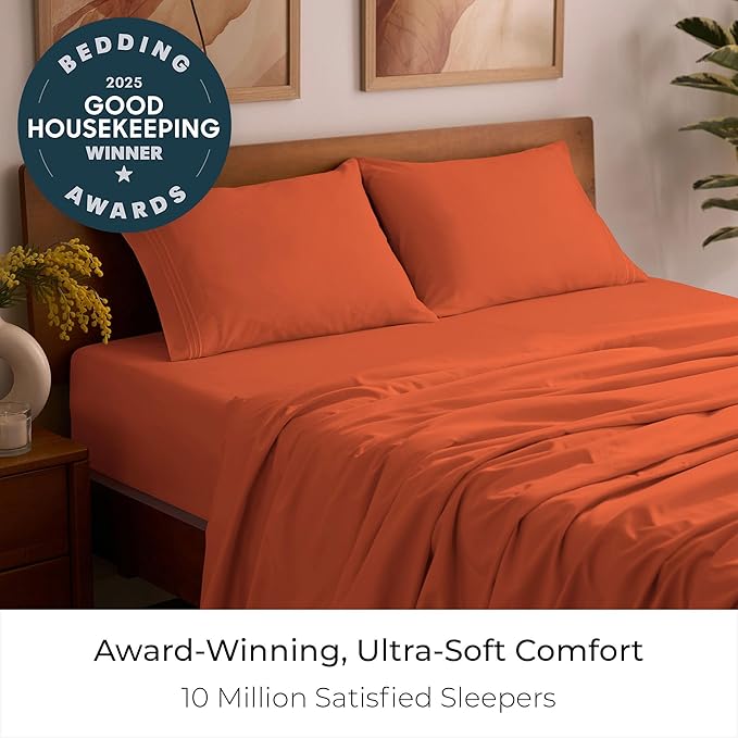 Mellanni Full Sheets Set - 4 PC Iconic Collection Bedding - Hotel Luxury, Extra Soft, Cooling Bed Sheets - Wrinkle, Fade, Stain Resistant (Full, Poppy Orange)