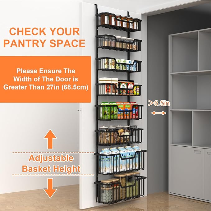 Over The Door Pantry Organizer, 8-Tier Pantry Door Organizer Shelves | 3 Sizes | Adjustable Basket | Metal Hanging Spice Rack for Kitchen, Pantry, Cabinet, Back of Door Seasoning Rack, Black