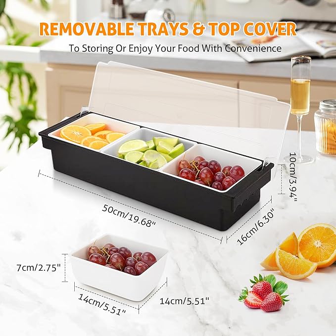 WICHEMI Fruit, Veggie & Condiment Caddy with Lid Dispenser Tray Plastic Garnish Station for Bartending & Serving Taco, Ice Cream, Salad Bar - Topping Organizer for Restaurant Supplies (3 Compartment)