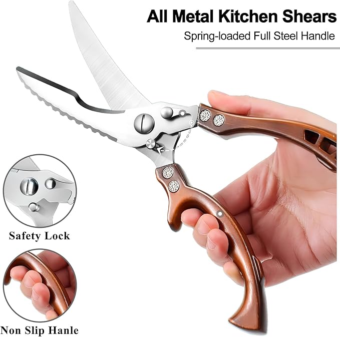 Poultry Shears Heavy Duty Professional, Multipurpose Kitchen Shears with Sheath, Spring-Loaded Stainless Steel Chef Scissors Cutting Bone, Chicken, Fish, Food, Meat, Full Steel Handle Brown