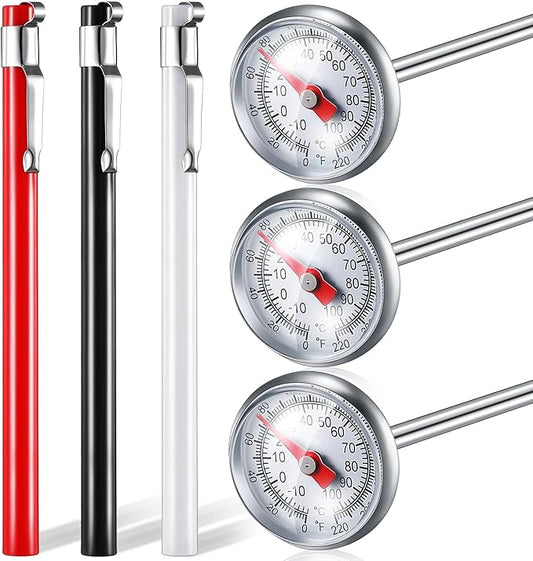 Xuhal 3 Pcs Stainless Steel Kitchen Thermometer with 5 Inch Long Stem 1 Inch Dial Thermometer Milk Frothing Food for Oven Probe Meat Grill BBQ Cooking Chocolate Water (Red,Black,White)