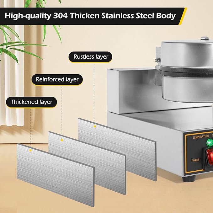 Dyna-Living Waffle Maker Commercial Waffle Iron Machine, 1200W Non-stick Round Commercial Waffle Maker for Restaurant, Food-grade Stainless Steel Large Commercial Waffle Iron