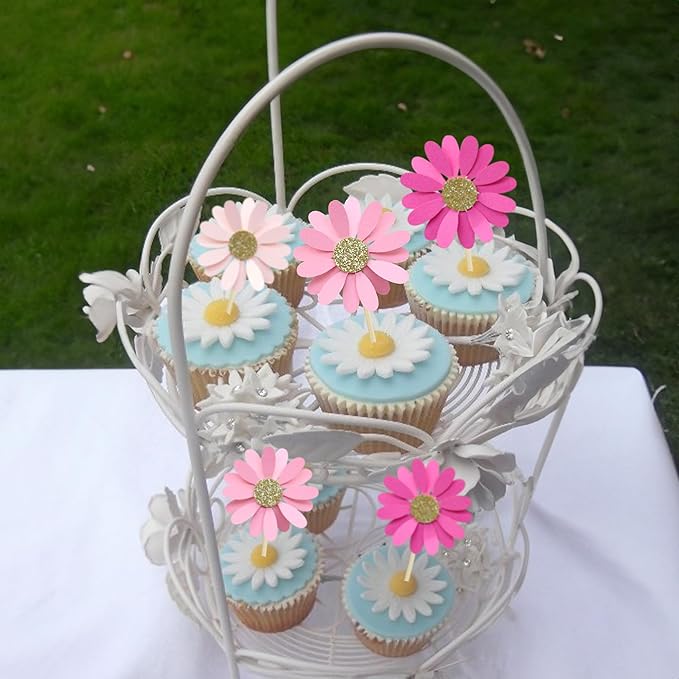 24Pcs Daisy Cupcake Toppers Flower Cake Topper Decorations Daisy Cake Decorations Chrysanthemum Cupcake Toppers Spring Daisy Flower Cake Picks for Birthday Wedding Supplies Rose Red Pink