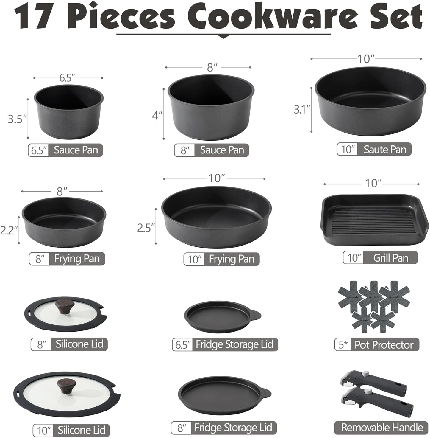 SENSARTE 17 Piece Pots and Pans Set, Nonstick Detachable Handle Cookware Set, Induction Kitchen Cookware Set with Removable Handle, Healthy Non Stick for RV, Dishwasher ＆ Oven Safe, PFOA Free (Black)