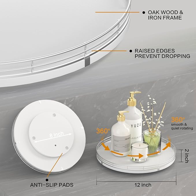 12" Oak Wood Lazy Susan Organizer, Lazy Susan for Cabinet Dining Table Pantry Wood Turntable Organizer Tray for Coffee Table Kitchen Countertop Salt Spice Can Organization and Storage Round Silver