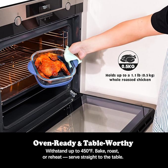 6 Cup Baking Dish Set - 2 Pack, 7 Inch Square Tempered Glass Food Storage Containers with Crispy Tray Compatible with Ninja Crispi Air Fryer - Oven, Microwave, Freezer and Dishwasher Safe