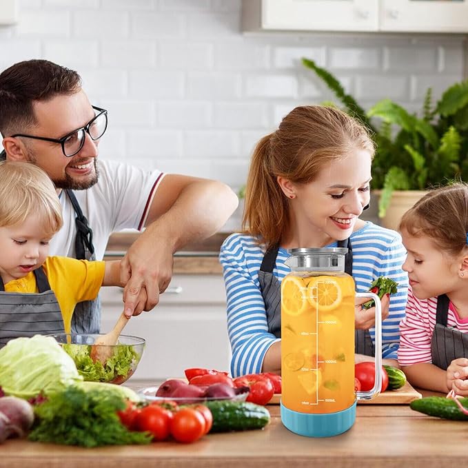 Aofmee 68oz Glass Pitcher with Lid, 2 Liter Water Carafe with Silicone Base and Precise Scale Line, Ice Tea Pitcher for Fridge, Anti-Slip Glass Jug for Sun Tea Juice Coffee Milk Beverage (Blue)