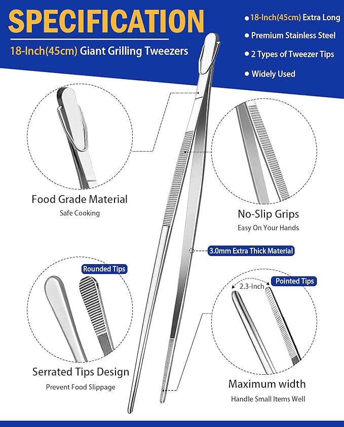 JETKONG 18 Inch (45cm) Extra Long Grill Tongs, Heavy Duty Stainless Steel Tweezer Tongs for Cooking, Grilling, Barbecue/BBQ, Buffet and Turning Food (Point Tips)