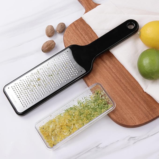 LHS Citrus Lemon Zester Cheese Grater with Container - Stainless Steel Kitchen Tool for Parmesan Cheese, Ginger, Garlic, Nutmeg, Chocolate, Fruits, Dishwasher Safe