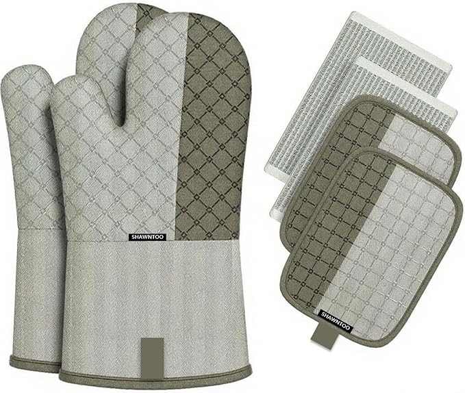 Oven Mitts and Pot Holders Sets 6pcs, Kitchen Oven Glove,High Heat Resistant 550 Degree Extra Long Oven Mitts and Potholders with Non-Slip Silicone Surface for Home Essentials (Grey) (Pistachio Green)