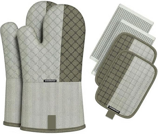Oven Mitts and Pot Holders Sets 6pcs, Kitchen Oven Glove,High Heat Resistant 550 Degree Extra Long Oven Mitts and Potholders with Non-Slip Silicone Surface for Home Essentials (Grey) (Pistachio Green)