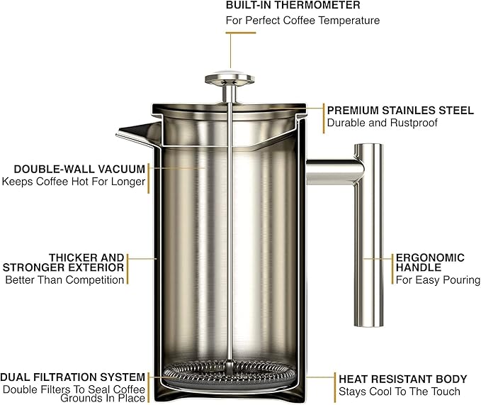 Barista Warrior French Press with Thermometer - Insulated Coffee Press - Stainless Steel Coffee Maker (1.0L, 34 fl oz, Gray)