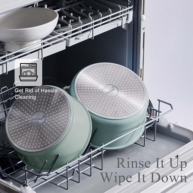 6 Piece Ceramic kitchen Cookware Set, 2QT And 3QT Pot with Lid And Removable Handles, Saucepans Cookware for Braising, Stews, Roasting, Bread Baking Green