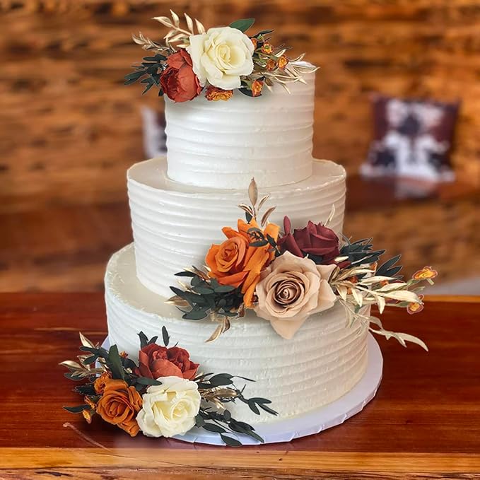 Rinlong 3Pcs Pre-made Cake Topper Cake Decorating Flowers for Cake Decor Boho Burnt Orange Fall Cake Flowers for Wedding Baptism Birthday Party Bridal Baby Shower