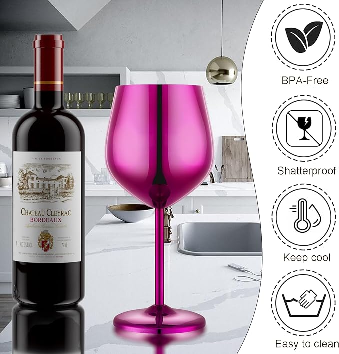 Stainless Steel Wine Glasses Set of 4 Unbreakable Purple Wine Glass 18 oz Unique Metal Wine Goblets for Outdoor, Travel, Camping, Pool, Ideal Gift for Wine Lovers
