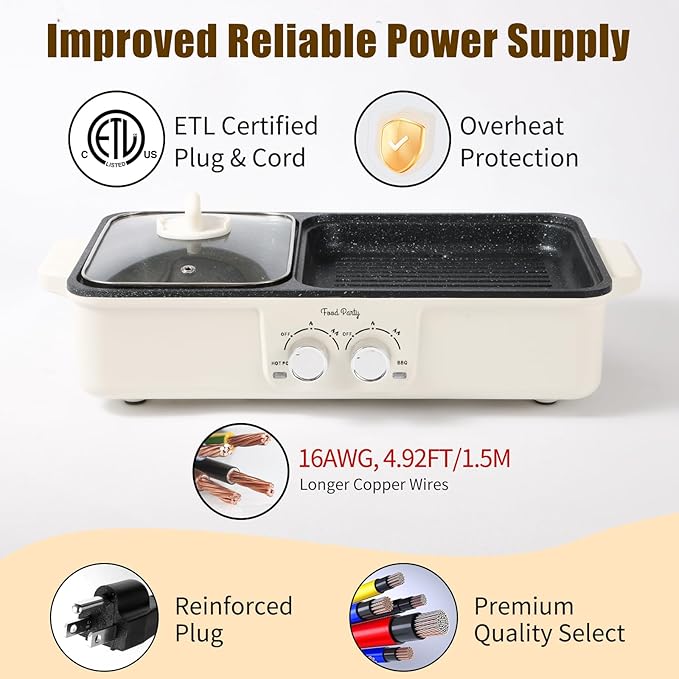 Food Party Hot Pot Electric Grill 2 in 1 Korean BBQ Grill Indoor Smokeless Hotpot Pot Electric Cooker Sahabu Shabu Pot Non Stick (Large)