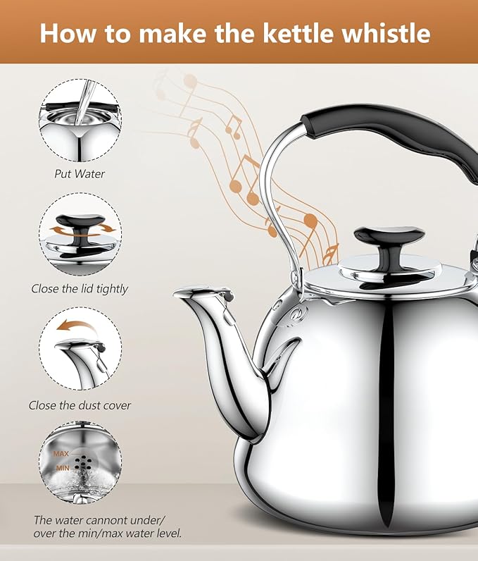 2L Whistling Stovetop Tea Kettle - Food Grade Stainless Steel Teapot with Fast Boil, Wide Mouth, Anti-Scalding Handle, Ideal for Stove Top – Perfect for Tea, Coffee & Hot Water