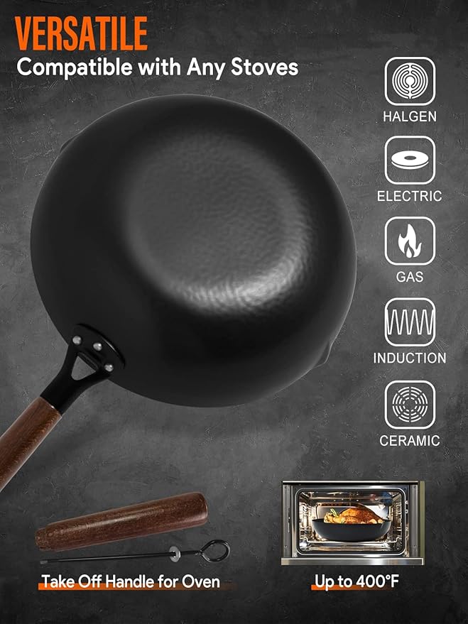 Carbon Steel Wok Pan, 5 Piece Authentic Chinese Wok & Stir-Fry Pans Set with Wooden Lid, No Chemical Coated Flat Bottom Chinese Woks Pan for All Stoves-13“