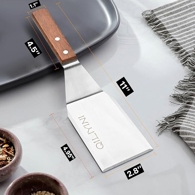 2 Pcs Stainless Steel Spatula Turner for Cast Iron Skillet, Grill Spatula with Wooden Handle, Heavy Duty Pancake Turner Metal